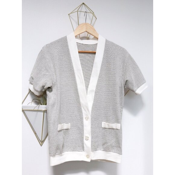 Vintage 80s Cream & Black Striped Short Sleeve Cardigan, Pinstripe Sweater - Picture 7 of 8